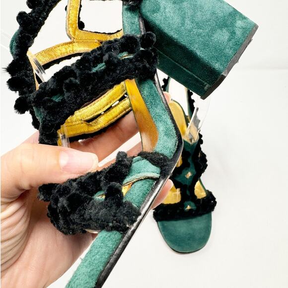 Rachel Comey Chenille Suede Green Black Pom Pom Block Heeled Cage Sandals US 6 - Picture 9 of 9